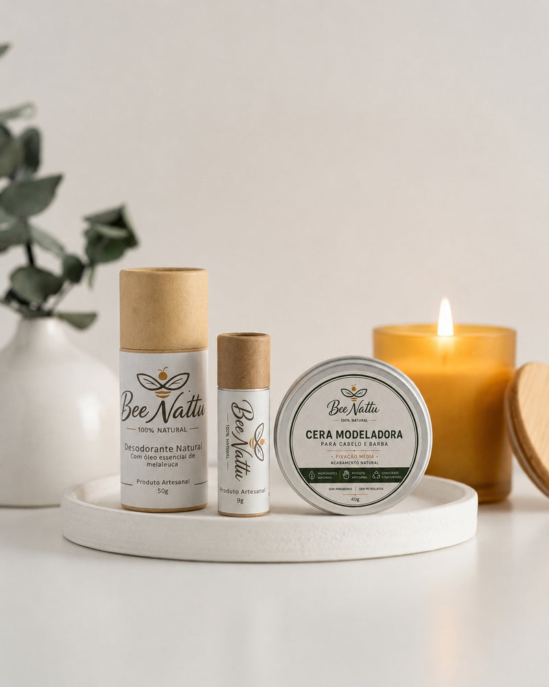 Kit Essencial Masculino Bee Nattu — Desodorante, Hidratante Labial e Cera Modeladora